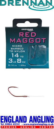 Picture of DRENNAN Red Maggot Microbarbed Hooks to Nylon 35cm (approx 14in)