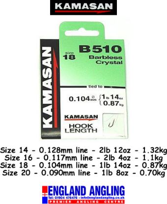 Picture of KAMASAN Hooks to Nylon B510 Barbless Crystal sz22 *SALE*